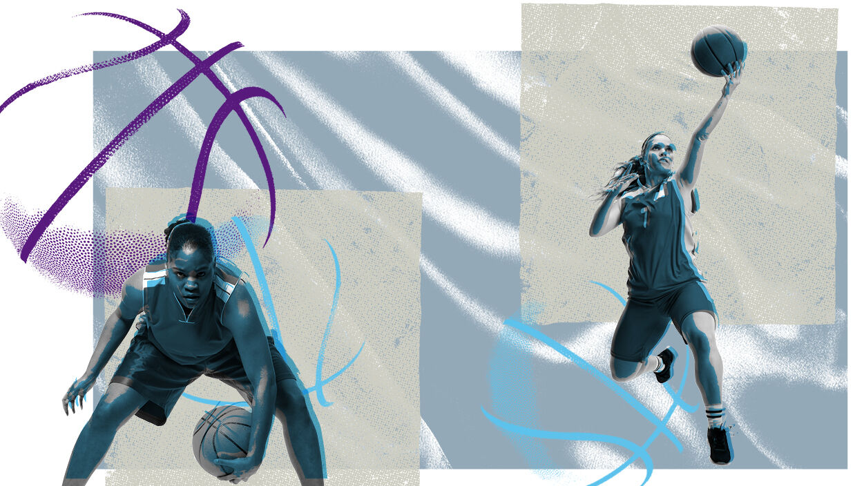 A graphic of women playing basketball