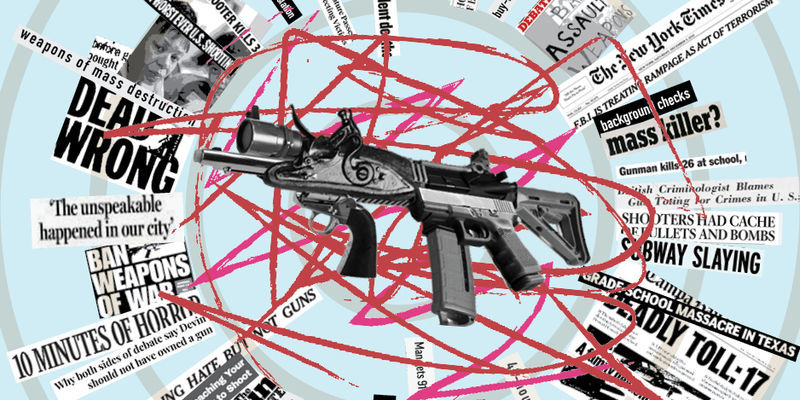 Graphic of a firearm surrounded by news headlines.