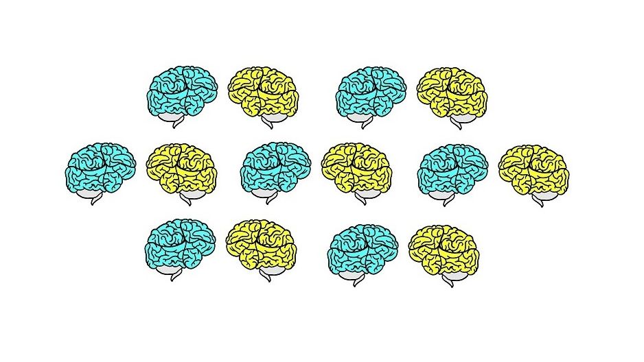 Many bright blue and yellow brains floating together.