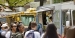 A crowd of people in front of a row of food trucks on campus. 