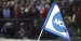 A white and blue flag with the NCAA logo. 