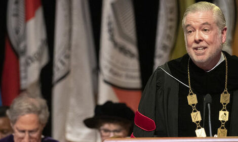Image of President John Fry speaking at his investiture ceremony.