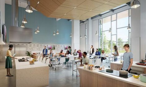 A rendering of the Aramark Community Teaching Kitchen.