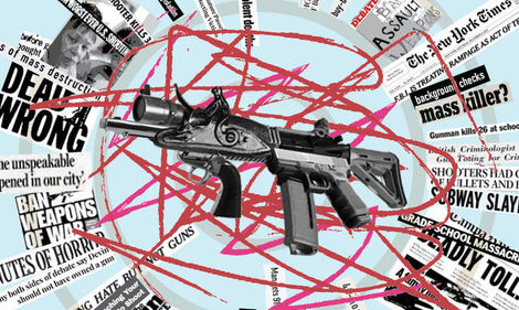 A graphic image of a gun with headliens about gun violence surrounding it. 