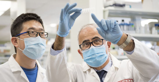 Two doctors looking at results in a lab. 
