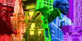 An illustration of landmarks in Philadelphia and on Temple's campus with rainbow colors. 