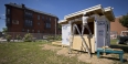 A construction worker working on the tiny house. 