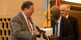 David Cohen presenting historian Charles L. Blockson with the Philadelphia Award