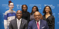 Image of students with the Temple President and Independence Health Group CEO.