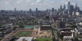 The new sports complex and the Philadelphia skyline, as seen from the top of Morgan Hall. 
