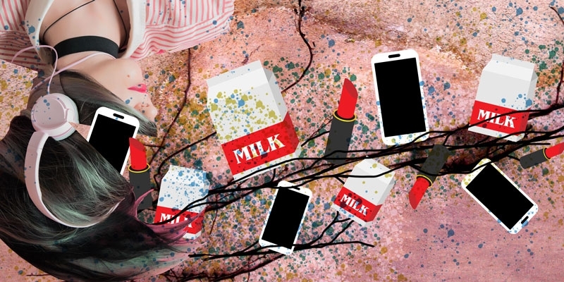 A vine that is growing cartons of milk, lipsticks and cellphones emerging from a woman’s head.