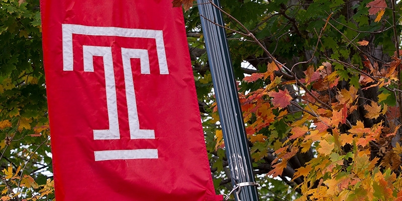 The Temple “T” on a cherry flag.