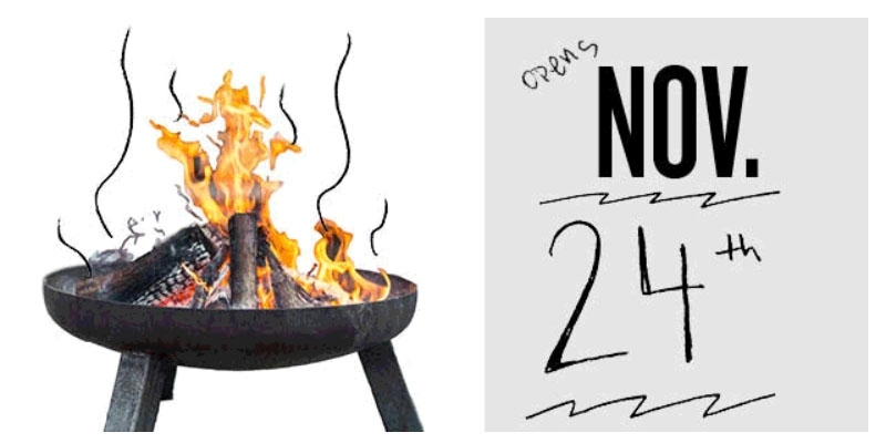 A campfire next to a calendar page that reads "opens Nov. 24"