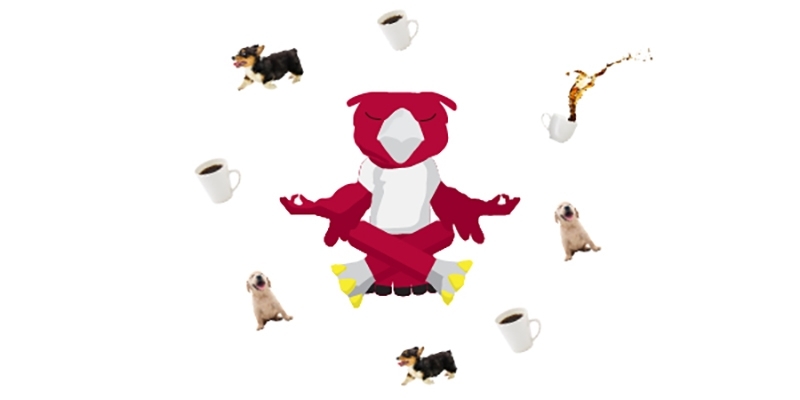 An animated GIF of Hooter meditating while cups of coffee and dogs float around his head.