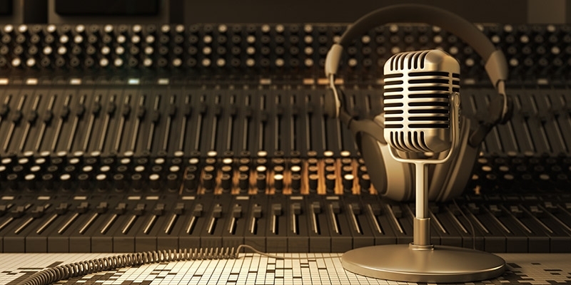 A microphone in a radio recording studio.