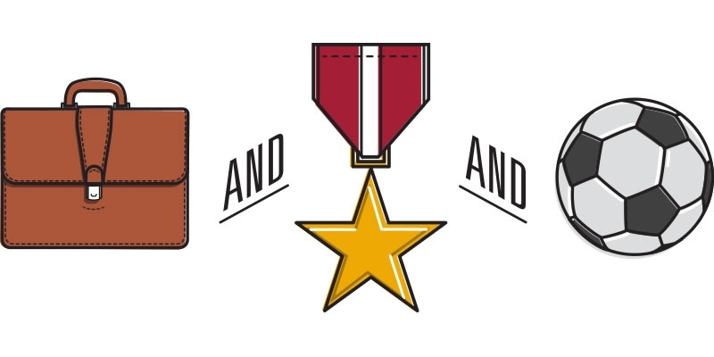 An illustration of a briefcase, a star and a soccer ball.