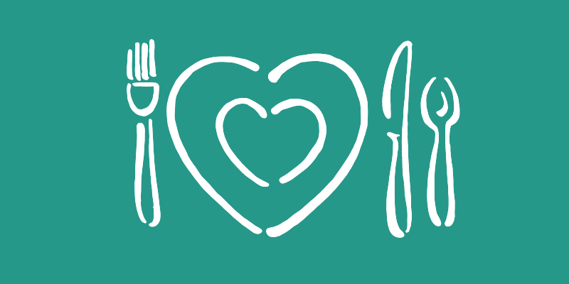 An illustration of eating utensils and a heart shaped plate.