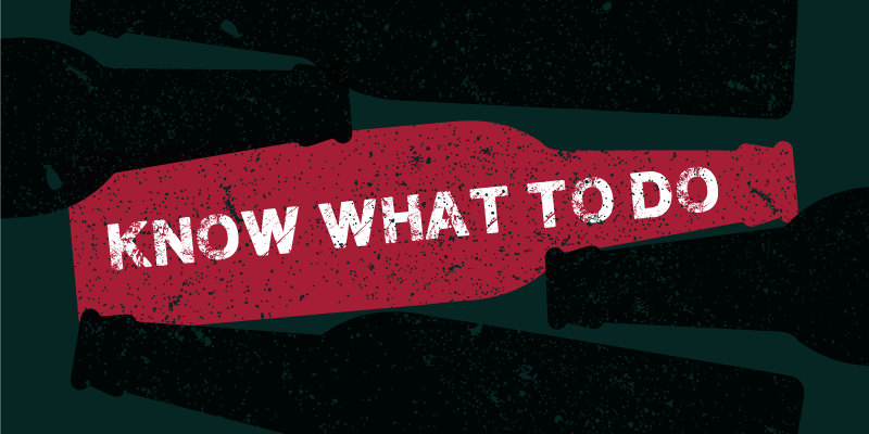 An illustration of beer bottles and one is red with words across it reading “know what to do”.