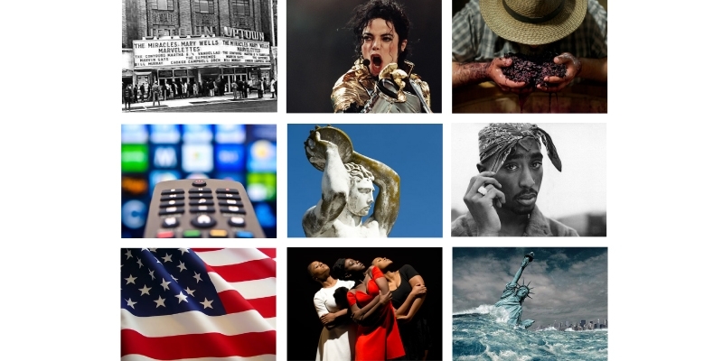 An animated GIF of several images, such as Tupac, Michael Jackson and the American flag, to illustrate various classes.
