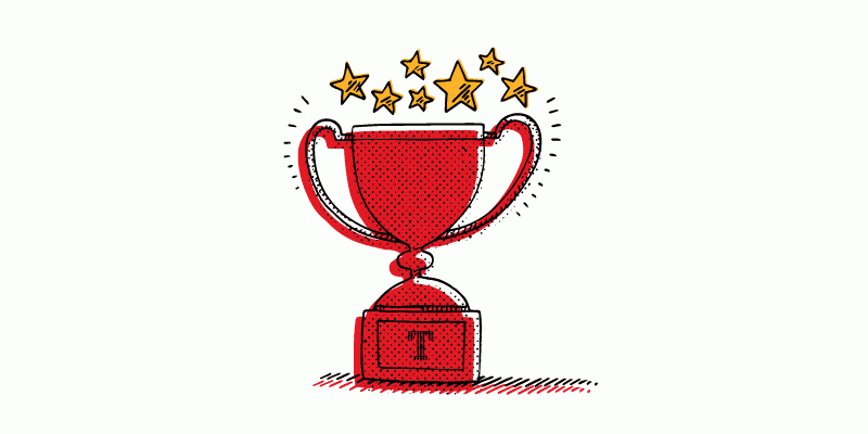 An illustration of a red trophy with a Temple T on it. 