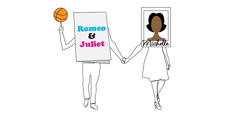 An illustration of a photograph of Michelle Obama holding hands with a Romeo and Juliet playbill. 