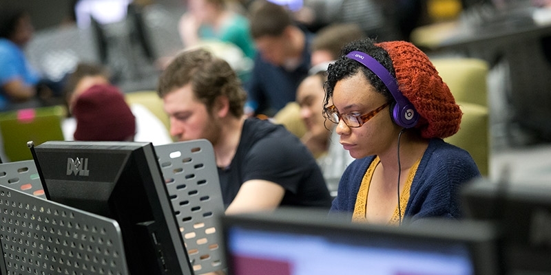 students studying in the Tech Center. 