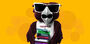 Hooter wearing sunglasses and carrying a stack of books 