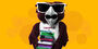 Hooter wearing sunglasses and carrying a stack of books 