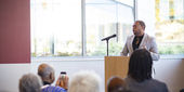Timothy Welbeck speaking at the opening of the Center for Anti-Racism.
