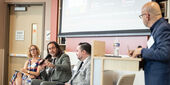 Miguel Mostafá, Mariola V. Alvarez and Michael Usino speaking in the Center for Anti-Racism