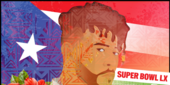 A graphic of Bad Bunny surrounded by the Puerto Rican flag, the Flor de Maga, and a football field
