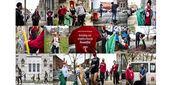 Temple students sweeping streets and collecting litter in North Philadelphia.