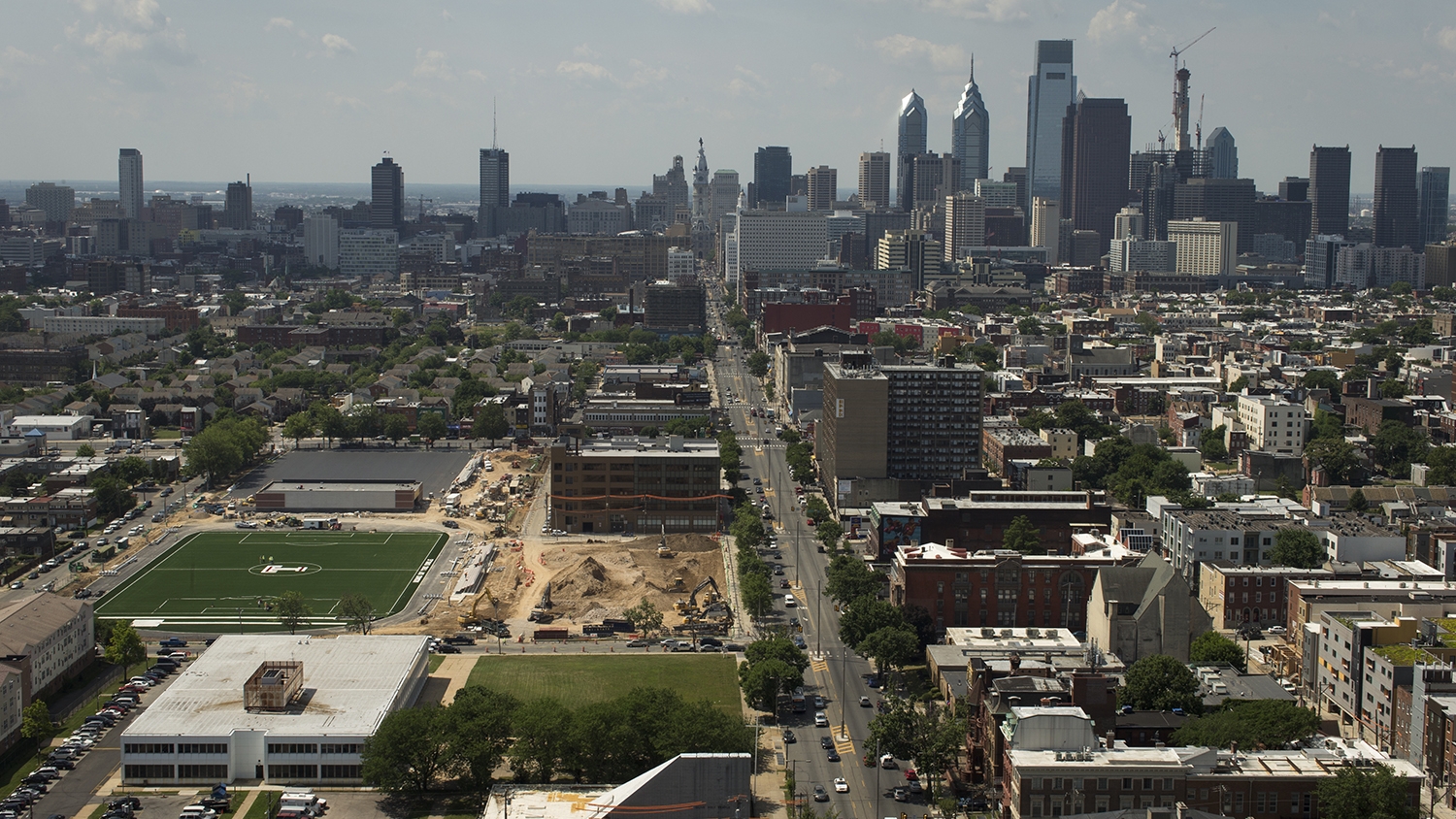 The new sports complex and the Philadelphia skyline, as seen from the top of Morgan Hall. 