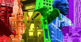 Philadelphia landmarks in rainbow colors
