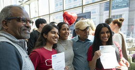 Students and their family celebrating Match Day 2025 at Temple's Lewis Katz School of Medicine.