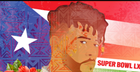 A graphic of Bad Bunny surrounded by the Puerto Rican flag, the Flor de Maga, and a football field