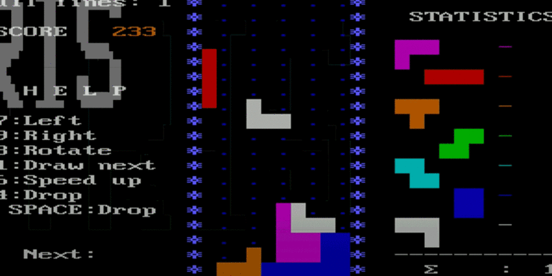 A screenshot of the game Tetris. Blocks fall from the top of the