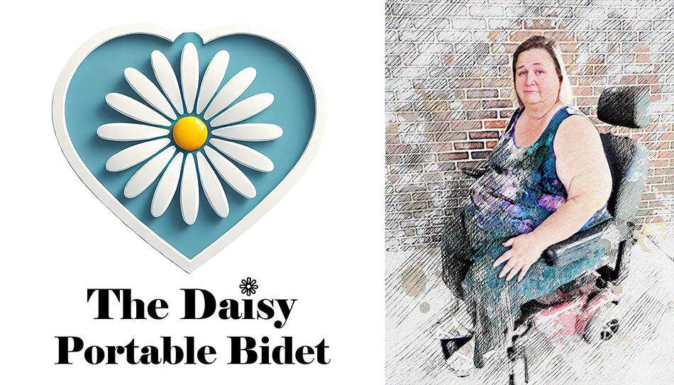 A split image. On the left side is the Daisy Portable Bidet logo showing a daisy flower in the middle of a blue heart. On the right side is a photo of Cheri Mitchell, a wheelchair user who helps with the product development.
