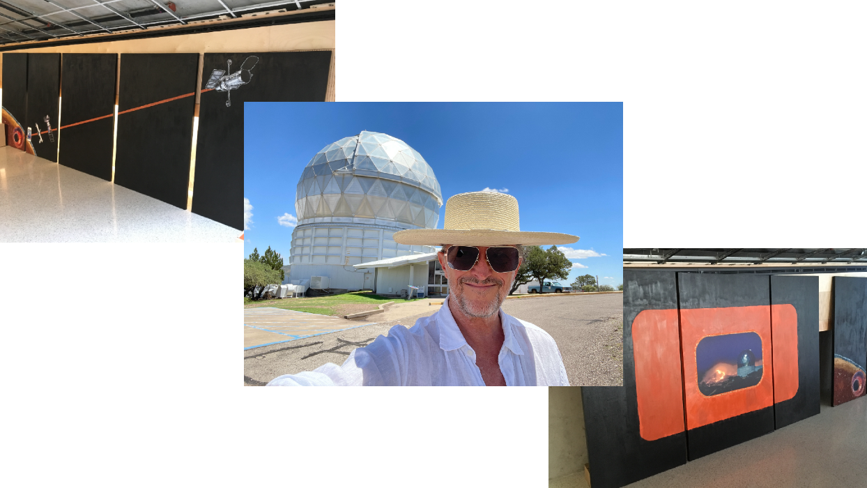 L and R: artworks done by Vacker for a media studies conference, C: Vacker at the Hobby Eberly Telescope at the University of Texas at Austin McDonald Observatory