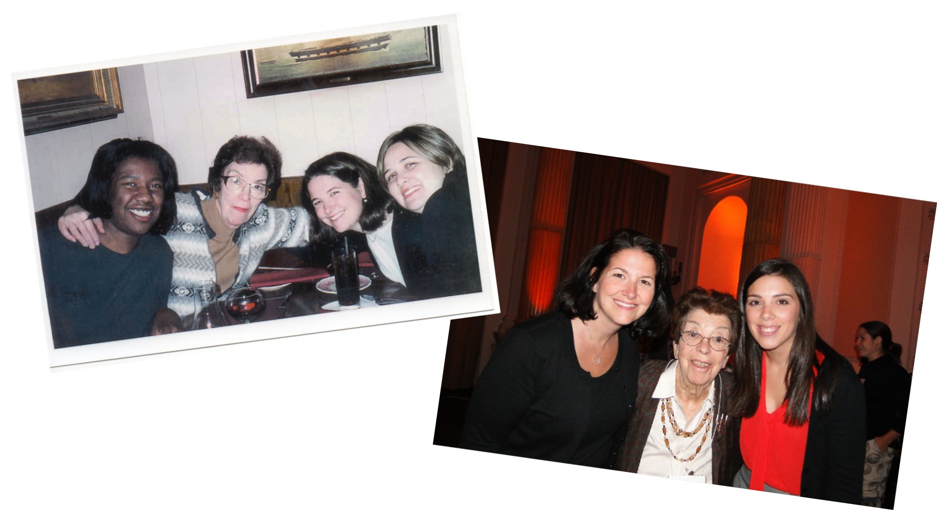 Top left: The Original Brodey Bunch, L - R: Dana Prophet, Dr. Jean Brodey, Cathy Menendez, and Danielle Cohn at the Whitemarsh Valley Inn ca. 1995.
Bottom right: L - R: Cathy Menendez, Dr. Jean Brodey, Rachel Santella Gormley, recipient of the Philadelphia Public Relations Association's Dr. Jean Brodey Student Achievement Award 2011.
