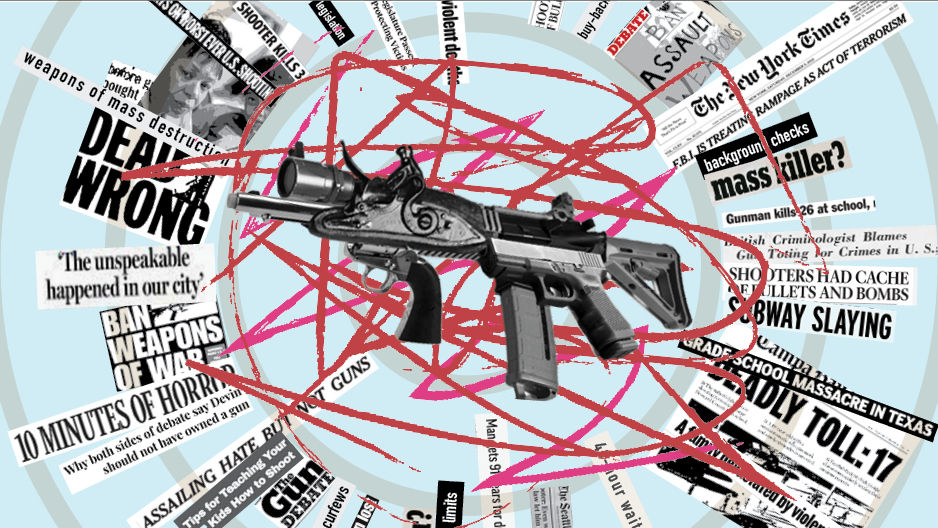 A graphic image of a gun with headliens about gun violence surrounding it. 